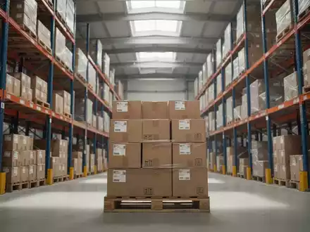 Regale in einem modernen Logistiklager mit gestapelten Versandkartons auf einer Palette. - Foto: über boerse-global.de