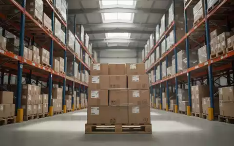 Regale in einem modernen Logistiklager mit gestapelten Versandkartons auf einer Palette. - Foto: über boerse-global.de