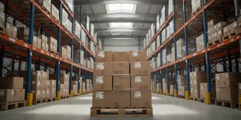 Regale in einem modernen Logistiklager mit gestapelten Versandkartons auf einer Palette. - Foto: über boerse-global.de