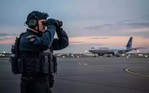 Ein spezialisierter Bundespolizist in taktischer Ausrüstung überwacht bei Dämmerung das Gelände eines Flughafens. - Foto: über boerse-global.de