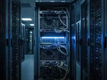 Ein beleuchteter Serverschrank in einem dunklen Rechenzentrum, der die technische Infrastruktur von IT-Systemen darstellt. - Foto: über boerse-global.de