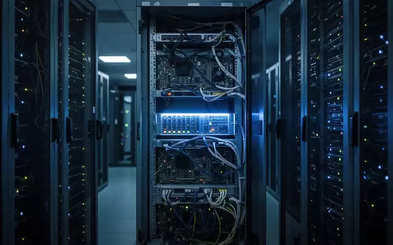 Ein beleuchteter Serverschrank in einem dunklen Rechenzentrum, der die technische Infrastruktur von IT-Systemen darstellt. - Foto: über boerse-global.de