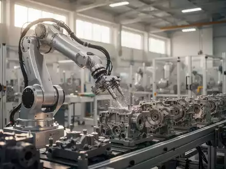 Ein hochmoderner Roboterarm in einer hellen, industriellen Fertigungshalle bei der Arbeit an komplexen Bauteilen. - Foto: über boerse-global.de