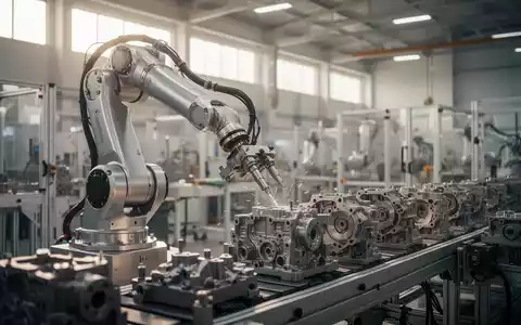Ein hochmoderner Roboterarm in einer hellen, industriellen Fertigungshalle bei der Arbeit an komplexen Bauteilen. - Foto: über boerse-global.de