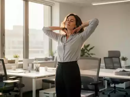 Eine Person im modernen Büro, die eine kurze Dehnübung zur Entspannung von Nacken und Schultern durchführt. - Foto: über boerse-global.de