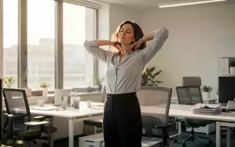 Eine Person im modernen Büro, die eine kurze Dehnübung zur Entspannung von Nacken und Schultern durchführt. - Foto: über boerse-global.de