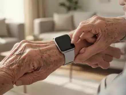 Eine ältere Person misst ihren Ruhepuls mit einer Smartwatch in einer ruhigen, hellen Umgebung zur Gesundheitsvorsorge. - Foto: über boerse-global.de