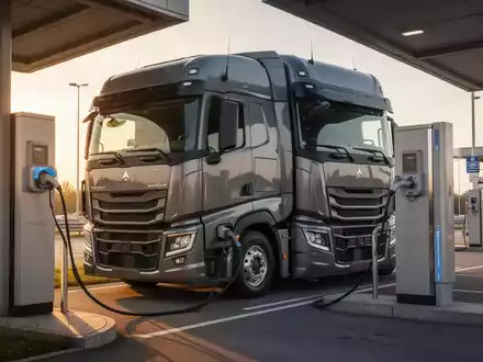 Ein schwerer Elektro-Lkw lädt an einer modernen Ladestation an einer Autobahnraststätte bei Sonnenuntergang. - Foto: über boerse-global.de