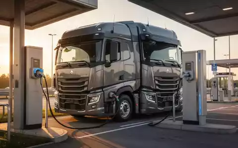 Ein schwerer Elektro-Lkw lädt an einer modernen Ladestation an einer Autobahnraststätte bei Sonnenuntergang. - Foto: über boerse-global.de