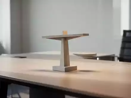 Ein minimalistischer, moderner Arbeitsplatz mit Fokus auf eine neutrale, architektonische Balance-Skulptur. - Foto: über boerse-global.de