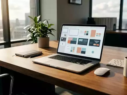 Ein moderner, aufgeräumter Arbeitsplatz mit einem Laptop, auf dem abstrakte Präsentationsfolien zu sehen sind. - Foto: über boerse-global.de