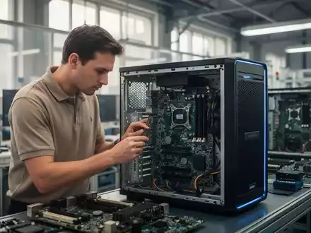 Ein Techniker überprüft die Hardware einer Workstation in einer modernen Computer-Fertigungshalle. - Foto: über boerse-global.de