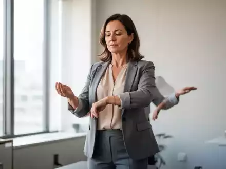 Eine Frau in einem modernen Büro beim Ausführen einer entspannenden Qigong-Schüttelübung zur Stressprävention. - Foto: über boerse-global.de