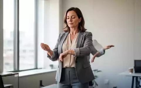 Eine Frau in einem modernen Büro beim Ausführen einer entspannenden Qigong-Schüttelübung zur Stressprävention. - Foto: über boerse-global.de
