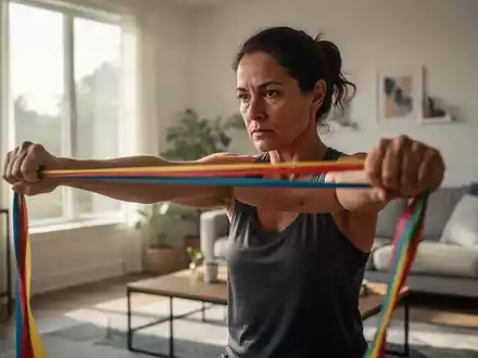 Person beim gelenkschonenden Krafttraining mit einem Widerstandsband in einem hellen, modernen Wohnzimmer. - Foto: über boerse-global.de