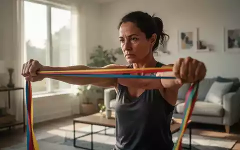 Person beim gelenkschonenden Krafttraining mit einem Widerstandsband in einem hellen, modernen Wohnzimmer. - Foto: über boerse-global.de