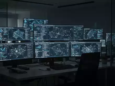 Ein moderner Arbeitsplatz mit mehreren Monitoren, die komplexe Datennetzwerke in einem abgedunkelten Raum anzeigen. - Foto: über boerse-global.de
