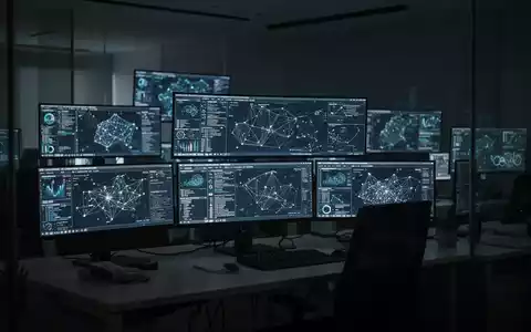 Ein moderner Arbeitsplatz mit mehreren Monitoren, die komplexe Datennetzwerke in einem abgedunkelten Raum anzeigen. - Foto: über boerse-global.de