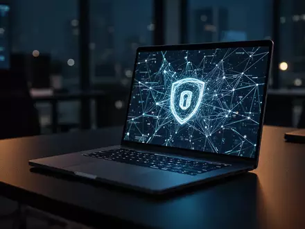 Ein modern eingerichteter Arbeitsplatz mit einem Laptop, auf dessen Bildschirm eine komplexe Netzwerksicherheitsgrafik zu sehen ist. - Foto: über boerse-global.de