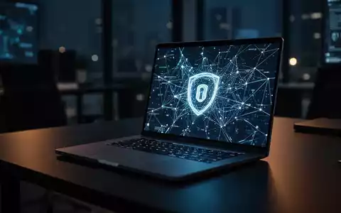 Ein modern eingerichteter Arbeitsplatz mit einem Laptop, auf dessen Bildschirm eine komplexe Netzwerksicherheitsgrafik zu sehen ist. - Foto: über boerse-global.de