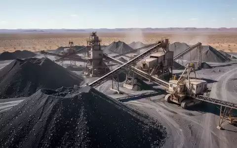 Industrielle Mineralverarbeitungsanlage in einer kargen Landschaft mit Rohmaterialhalden und Förderbändern. - Foto: über boerse-global.de