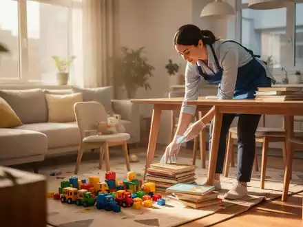 Eine Haushaltshilfe räumt in einem hellen, freundlichen Wohnzimmer Spielzeug auf. - Foto: über boerse-global.de