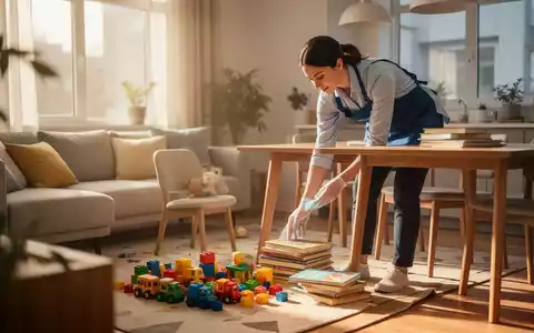 Eine Haushaltshilfe räumt in einem hellen, freundlichen Wohnzimmer Spielzeug auf. - Foto: über boerse-global.de