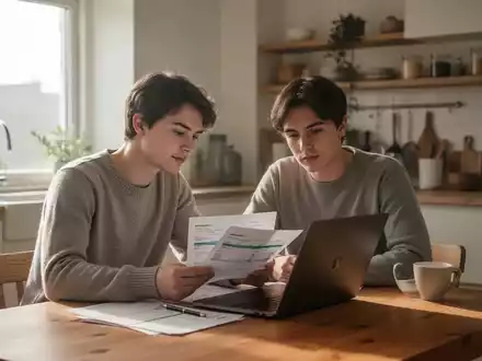 Ein junges Paar sitzt an einem Holztisch in einer hellen Wohnung und plant gemeinsam seine Finanzen. - Foto: über boerse-global.de