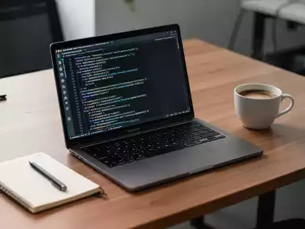 Ein minimalistischer Arbeitsplatz mit einem Laptop und Code auf dem Bildschirm in einer professionellen Büroumgebung. - Foto: über boerse-global.de