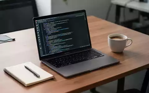 Ein minimalistischer Arbeitsplatz mit einem Laptop und Code auf dem Bildschirm in einer professionellen Büroumgebung. - Foto: über boerse-global.de