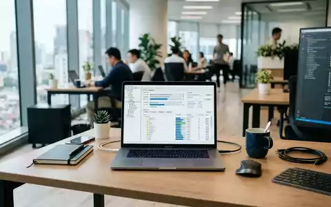 Ein moderner Büroarbeitsplatz mit einem Laptop, auf dem Software-Dateimigrationsprozesse für den Übergang zu neuen Systemen zu sehen sind. - Foto: über boerse-global.de