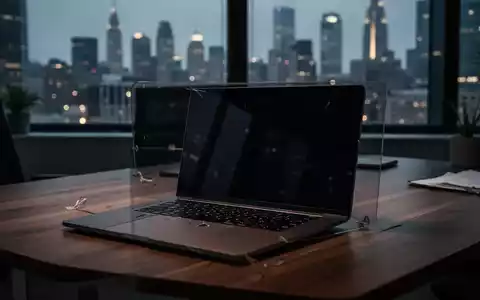 Ein unbesetzter, modern eingerichteter Arbeitsplatz mit einem Laptop, dessen Bildschirm dunkel bleibt, während im Hintergrund eine verschwommene Stadtkulisse zu sehen ist. - Foto: über boerse-global.de