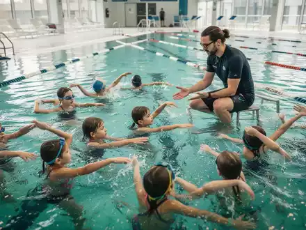 Schwimmlehrer gibt Kindern im Klingenbad in Solingen Schwimmunterricht im Becken. - Foto: über boerse-global.de