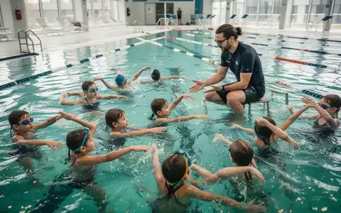 Schwimmlehrer gibt Kindern im Klingenbad in Solingen Schwimmunterricht im Becken. - Foto: über boerse-global.de