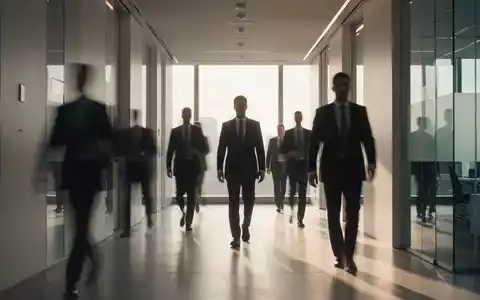 Moderne Büroarchitektur mit unscharfen Silhouetten von Geschäftsleuten in einem hellen, lichtdurchfluteten Flur. - Foto: über boerse-global.de