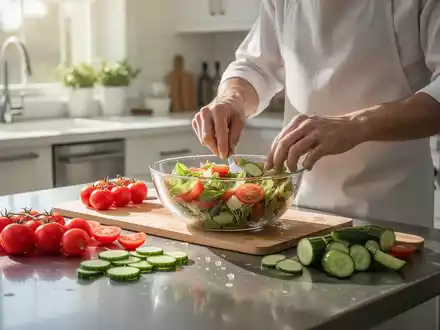 Nahaufnahme einer Person bei der Zubereitung eines leichten Sommersalats mit Tomaten und Gurken in einer hellen Küche. - Foto: über boerse-global.de