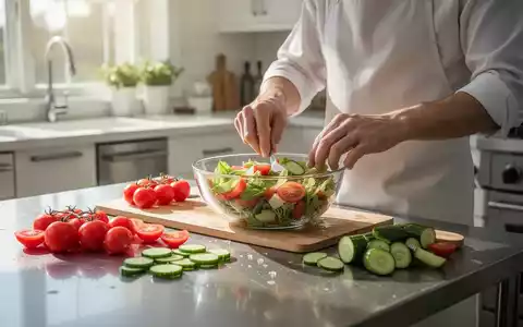 Nahaufnahme einer Person bei der Zubereitung eines leichten Sommersalats mit Tomaten und Gurken in einer hellen Küche. - Foto: über boerse-global.de