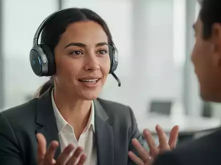 Eine Person mit hochwertigen Kopfhörern in einem modernen Büro führt ein natürliches Gespräch mit einer KI. - Foto: über boerse-global.de
