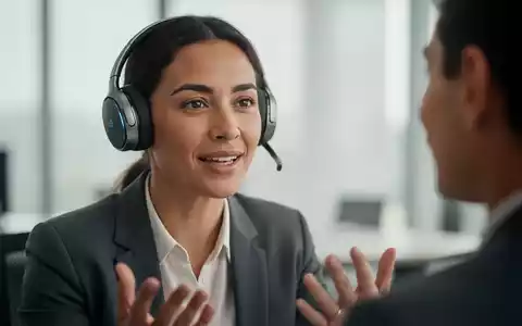 Eine Person mit hochwertigen Kopfhörern in einem modernen Büro führt ein natürliches Gespräch mit einer KI. - Foto: über boerse-global.de