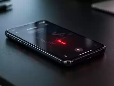 Ein modernes Smartphone liegt auf einem dunklen Bürotisch und zeigt einen verschwommenen, rötlich schimmernden Bildschirm. - Foto: über boerse-global.de