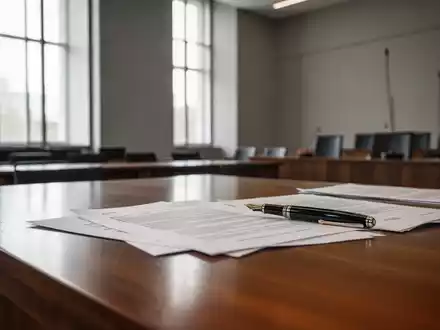 Ein moderner, minimalistischer Gerichtssaal mit Dokumenten auf einem Holztisch bei natürlichem Lichteinfall. - Foto: über boerse-global.de