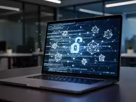 Ein Laptop-Bildschirm in einem dunklen Büro zeigt abstrakte digitale Authentifizierungscodes und leuchtende Knoten. - Foto: über boerse-global.de