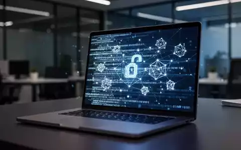 Ein Laptop-Bildschirm in einem dunklen Büro zeigt abstrakte digitale Authentifizierungscodes und leuchtende Knoten. - Foto: über boerse-global.de