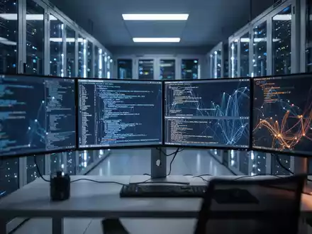 Moderne Serverräume mit leuchtenden Racks und Monitoren, auf denen komplexer Programmcode zu sehen ist. - Foto: über boerse-global.de