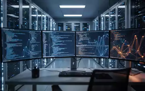 Moderne Serverräume mit leuchtenden Racks und Monitoren, auf denen komplexer Programmcode zu sehen ist. - Foto: über boerse-global.de