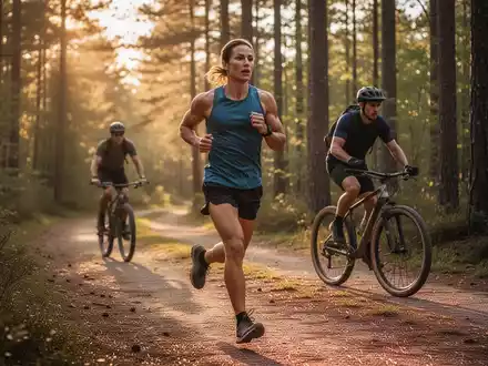 Eine Person beim Laufen auf einem Waldweg, wĂ€hrend im Hintergrund ein Radfahrer auf einem Pfad zu sehen ist. - Foto: ĂŒber boerse-global.de