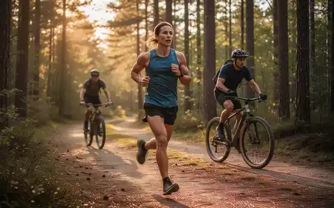 Eine Person beim Laufen auf einem Waldweg, während im Hintergrund ein Radfahrer auf einem Pfad zu sehen ist. - Foto: über boerse-global.de