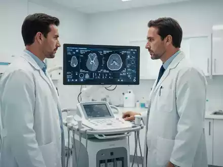 Ein Arzt in einer modernen urologischen Klinik steht neben medizinischen Diagnosegeräten in einem hellen Behandlungsraum. - Foto: über boerse-global.de