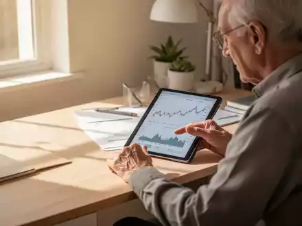 Eine ältere Person betrachtet konzentriert Finanzdaten auf einem Tablet in einem hellen, modern eingerichteten Büro. - Foto: über boerse-global.de