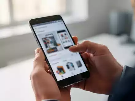 Eine Person hält ein modernes Android-Smartphone in einer hellen Büroumgebung, während sie einen digitalen Einkauf tätigt. - Foto: über boerse-global.de